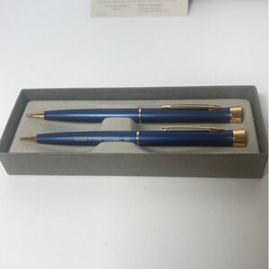 Vntg Garland Pen and Pencil Set Hardee's Food Systems Blue Gold Vintage Gift Box